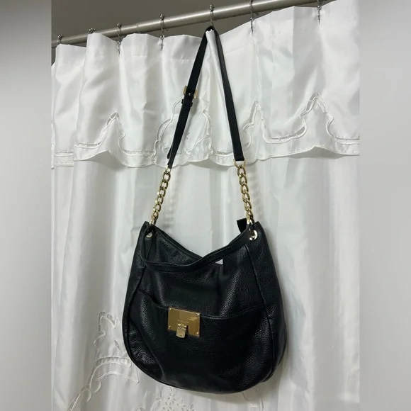 Michael Kors Bedford Large Black Pebbled Leather Shoulder Bag Gold Chain Hobo - Picture 5 of 13